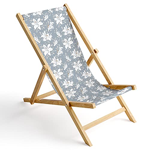 Ferocity Tumbona de Madera Plegable, Silla de Playa con Funda Intercambiable, diseño Lirios Azules y Blancos 1 [119]