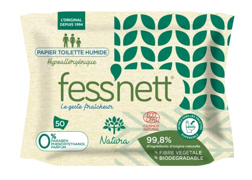 Fess'nett – Papel higiénico humida Natura x50 – Fórmula testada dermatológicamente 0% parabeno, 0% fenoxietanol – Hipoalergénico