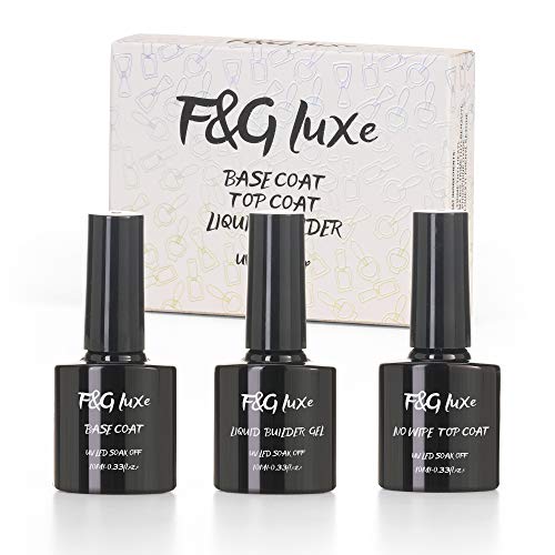 F&G Luxe Starter Kit Semipermanente 3 Unids Endurecedor de esmalte de uñas Set denso transparente Uso profesional Base Coat Top Coat Liquid Builder 3x10 ml de esmalte de gel Soak Off Uv Led.