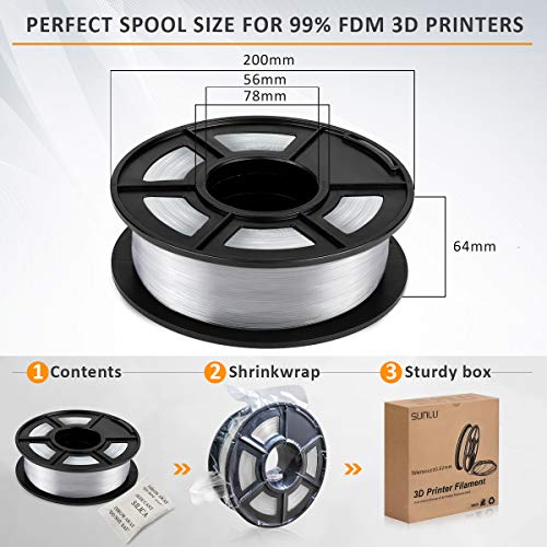 Filamento PLA 1.75mm, SUNLU PLA Filamento de Impresora 3D, Precisión Dimensional +/- 0.02 mm, 1kg Spool, PLA Transparente