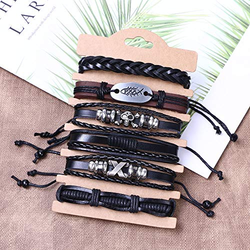 flintronic® Pulsera Hombre, 6 Piezas Personalidad Retro Tejida Pulsera de Traje de Cuero Multicapa, Pulseras Retro, Moda Pulsera de Cuero Brazalete Trenzado Roccia Punk, Ajustable (#3 Serie)