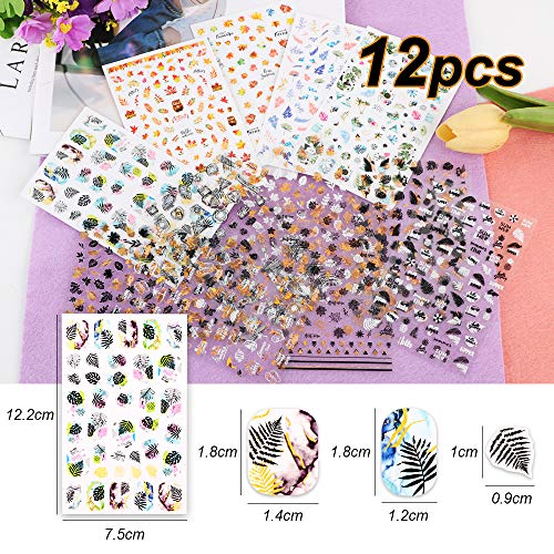 FLOFIA Pegatinas Uñas Adhesivas Decorativas Calcomanías de Moda Palmera Hojas de Arce Flores Negro Etiqueta Engomada Tatuaje Mujer Uñas DIY Nail Art Stickers, Multicolor 12 Estilos