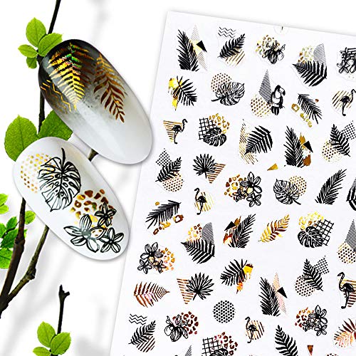 FLOFIA Pegatinas Uñas Adhesivas Decorativas Calcomanías de Moda Palmera Hojas de Arce Flores Negro Etiqueta Engomada Tatuaje Mujer Uñas DIY Nail Art Stickers, Multicolor 12 Estilos