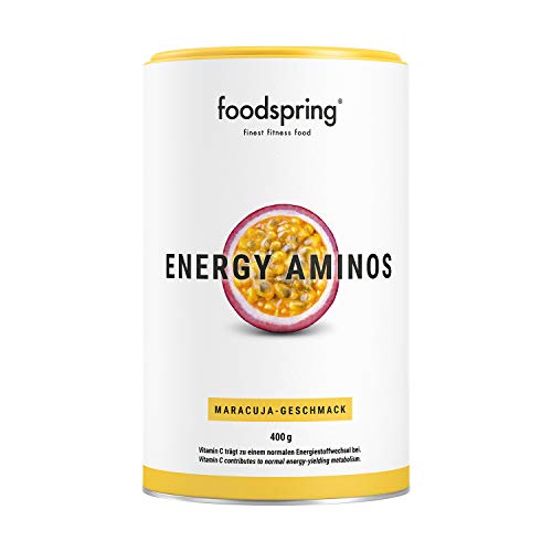 foodspring Energy Aminos, 400g, Sabor Fruta de la Pasión, Bebida pre-entreno con vitaminas C, B3, B12, cafeína, piperina y BCAA veganos