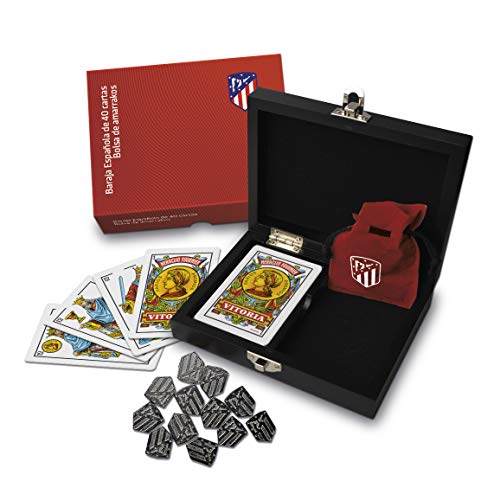 Fournier Oficial del Atlético de Madrid Conjunto de Mus para Regalo en Caja de Madera con Baraja de Cartas Española y Amarracos, Color Colchonero (1044182)