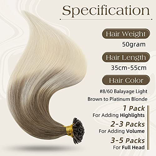 Fshine Extensión De Nail Tip De Queratina 16 Pulgadas Cabello Real Color Marrón Ceniza 8 Lejía 60 Balayage Rubio Platino 50g Extensions De Fusión En Caliente Remy