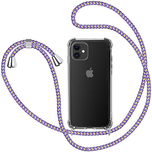 Funda con Cuerda para iPhone 11, Carcasa Transparente TPU Suave Silicona Case con Correa Colgante Ajustable Collar Correa de Cuello Cadena Cordón para iPhone 11 6.1'' - Violeta Claro