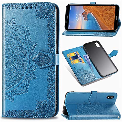 Funda para Xiaomi Redmi 7A, Carcasa Libro con Tapa Flip Case Antigolpes Golpes Cartera PU Cuero Suave Soporte con Correa Cordel - Mandala Azul