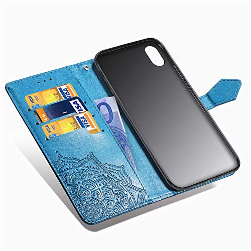 Funda para Xiaomi Redmi 7A, Carcasa Libro con Tapa Flip Case Antigolpes Golpes Cartera PU Cuero Suave Soporte con Correa Cordel - Mandala Azul