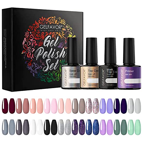 GELFAVOR 24 pcs Esmalte en Gel Semipermanente 7ml 20 Colores Negro Rosa Morado Blanco Pastel con Capa Base Superior Brillante y Mate Pintauñas Para Uñas UV LED Soak Off Manicura Set de Regalo