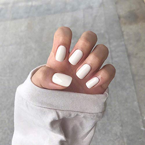 Genglass - Uñas postizas cuadradas, blanco brillante, cortas, acrílicas, a presión, cobertura completa, para mujeres y niñas (paquete de 24 unidades)