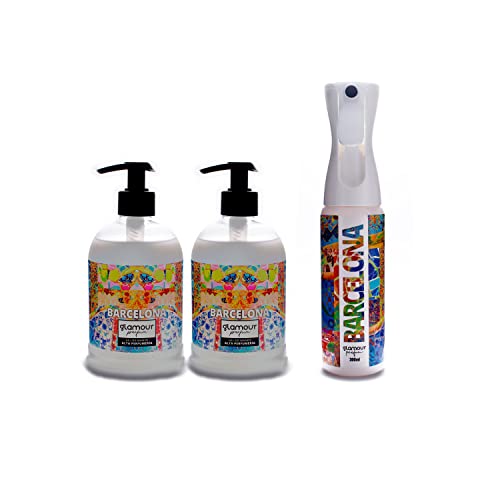 GLAMOUR PARFUM | Pack 2 Gel de Manos y Atomizador Barcelona | Gel de Manos con Emolientes Naturales para el Cuidado de la Piel | Alta Concentración en Perfume | 2 x 500ml