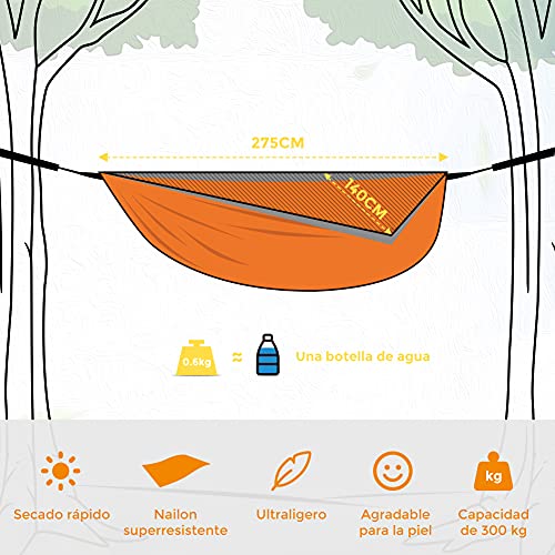 Glymnis Hamaca Ultraligera para Camping y Viaje de Nylon 300kg de Capacidad de Carga Ranspirable y Secado Rápido 275x140cm Kit de Hamaca de Tela 210T Gris y Naranja