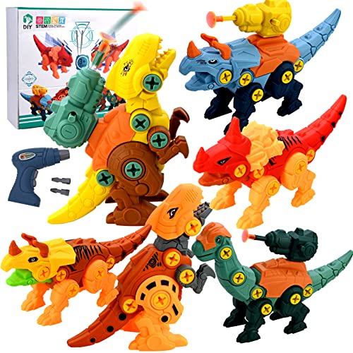 GOLDGE 6pcs Dinosaurios Juguetes para Niños con Taladro Eléctrico, Juego Construccion Dinosaurios, Construccion Juguete Dducativos