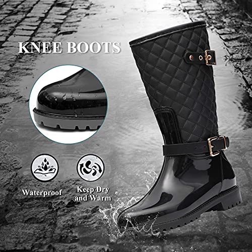 gracosy Botas de Lluvia Mujer Alta Goma Agua Botas al Aire Libre Moda Impermeable Lingge Zapatos de Jardín Wellington Boots Antideslizante Negro Azul