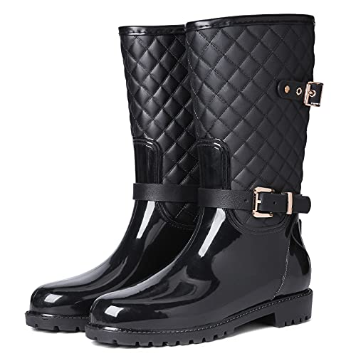 gracosy Botas de Lluvia Mujer Alta Goma Agua Botas al Aire Libre Moda Impermeable Lingge Zapatos de Jardín Wellington Boots Antideslizante Negro Azul