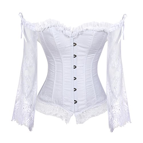 Grebrafan Steampunk Corset Blusa Fiesta Mujer Corsé de Encaje (EUR(40-42) 2XL, Blanco)