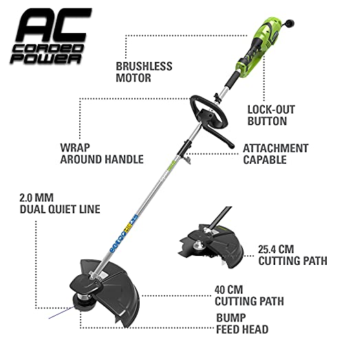 Greenworks GST1246 - Cortadora de césped eléctrica 2en1 (AC Electric 230V 1200W potencia motor 40cm ancho corte 2mm hilo/cuchilla 5500 rpm, mango adicional ajustable)