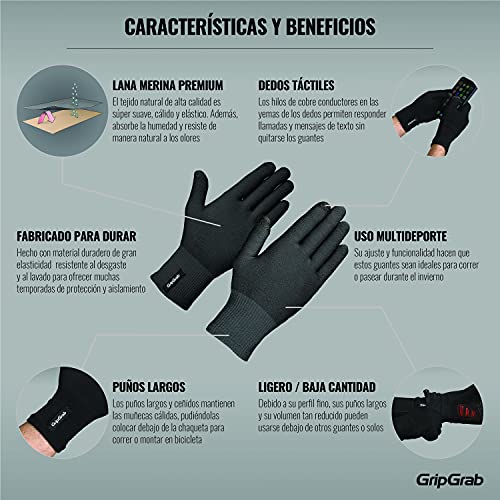 GripGrab Guantes Merino Liner Ciclismo de Lana Merino de Invierno Sotoguantes Largos Bicicleta Térmicos Táctiles Unisex