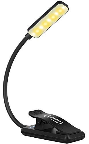 Gritin Luz de Lectura, Lampara Libro de Lectura Recargable de 360° Flexible con 9 LED 3 Modos Lampara Pinza Brillo Ajustable Atenuación Continua para Estudio, Cama, Libro, Viaje