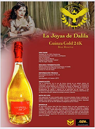 GUINZA GOLD 24K VINO ESPUMOSO BRUT RESERVA DE LA VARIEDAD CHARDONNAY 100%, DECORADO CON PARTICULAS DE ORO DE 24 QUILATES Y CON UNA LUZ LED EN LA BASE DE LA BOTELLA. CAJA DE MADERA Y FUNDA DE ALGODON.