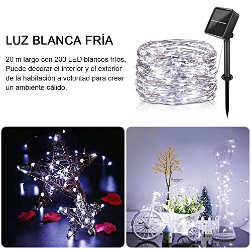 Guirnaldas Luces Exterior Solar, aifulo 20m 200 LED Cadena de Luces, 8 Modos Impermeable Iluminación Decoración para Navidad,Terraza,Fiestas,Bodas,Patio,Jardines,Festivales