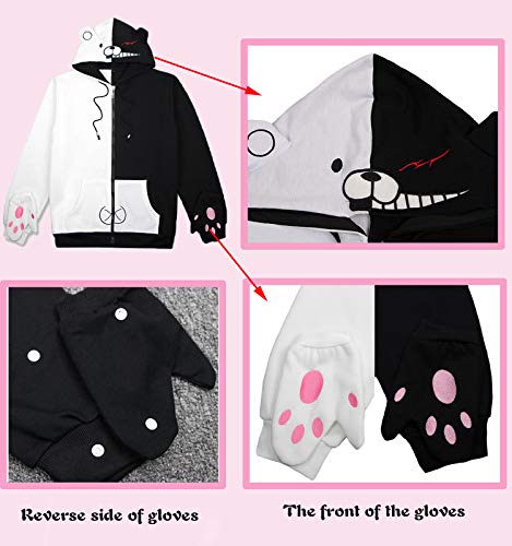 Guturris Sudadera con Capucha de Oso Negro y Blanco Chaqueta con Cremallera Uniforme Monokuma Disfraz de Cosplay Anime Sudadera con Capucha Unisex (Guantes Blancos y Negros) S