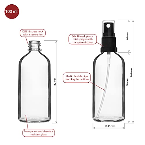 HandsUnity 100ml-12 piezas de Botella de Vidrio para Rociador - Botellas de Vidrio Transparente para Farmacia con Botella de Vidrio Atomizador Negro Hecha de Vidrio Claro que incluye 29 Accesorios