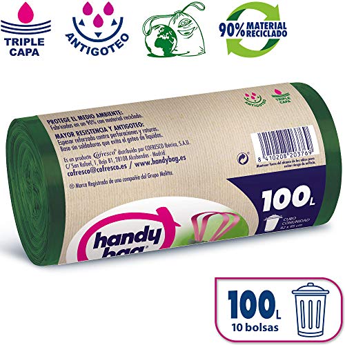 Handy Bag Bolsas de Basura 100L, 90% Reciclado, Extra Resistentes, 10 Bolsas