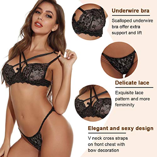 heekpek Conjunto Lencería Sexy Correas Cruzadas Encaje Transparente Sujetadores y Tanga Ropa de Dormir Mujeres de Encaje Conjunto Sexy Push Up Lencería Sexy Ropa Interior