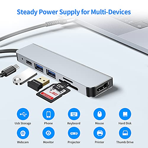 Herbst Hub USB C, Adaptador, Base de carga 6 en 1 Multiport USB C Adapter con salida HDMI 4K, USB 2.0, ranura para tarjetas SD y TF, para Windows / Mac OS / Linux / XPS, Type-C, otros dispositivos USB