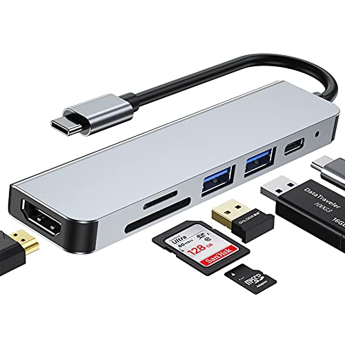 Herbst Hub USB C, Adaptador, Base de carga 6 en 1 Multiport USB C Adapter con salida HDMI 4K, USB 2.0, ranura para tarjetas SD y TF, para Windows / Mac OS / Linux / XPS, Type-C, otros dispositivos USB