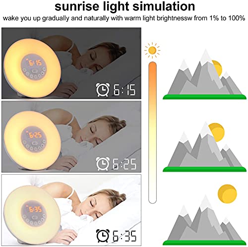 HGFQ Luz Nocturna analgica del Amanecer, Reloj Despertador con funcin de repeticin, 6 Sonidos Naturales y luz de Despertador con Radio FM para Personas Que Duermen Mucho