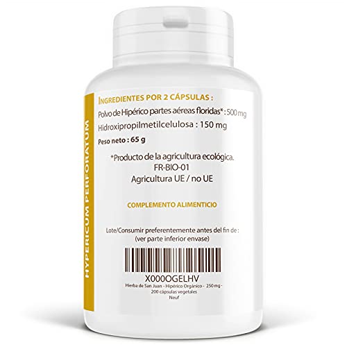 Hierba de San Juan - Hipérico Orgánico - 250 mg - 200 cápsulas vegetales