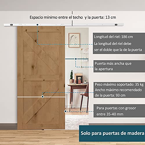 HOMCOM Herraje para Puerta Corredera 186 cm Kit de Accesorios para Puerta Corrediza de Madera con Riel de Metal y 2 Poleas Plateado