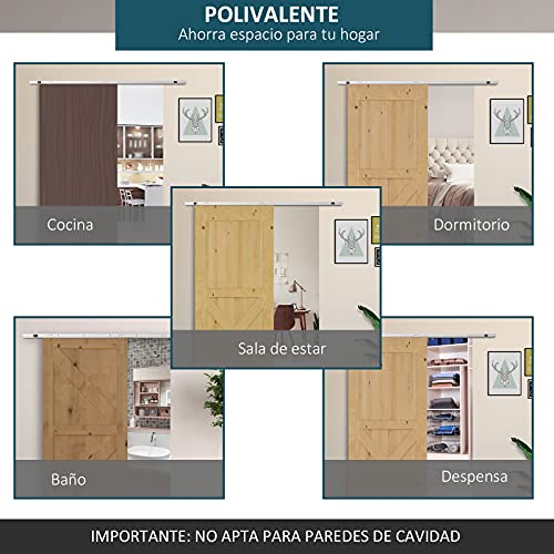 HOMCOM Herraje para Puerta Corredera 186 cm Kit de Accesorios para Puerta Corrediza de Madera con Riel de Metal y 2 Poleas Plateado