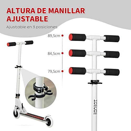 HOMCOM Patinete para Niños de +3 Años Plegable Scooter de 2 Ruedas con Manillar Altura Ajustable Freno Posterior y Pedal Antideslizante Carga 50 kg 67,7x34x79,5-89,5 cm Blanco