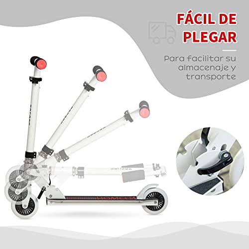 HOMCOM Patinete para Niños de +3 Años Plegable Scooter de 2 Ruedas con Manillar Altura Ajustable Freno Posterior y Pedal Antideslizante Carga 50 kg 67,7x34x79,5-89,5 cm Blanco