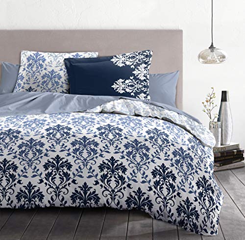 Home Linge Passion, Funda nórdica de 3 Piezas, 100% algodón, 57 Hilos, 2 Personas, 220 x 240 cm, CREVECOEUR HP62689, Azul y Blanco