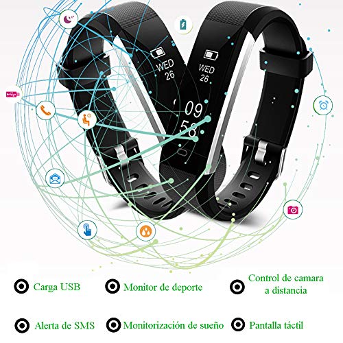 HOTSO Reloj Inteligente, Cómodo Smartwatch Pulsera Deportiva con Pantalla Táctil para Diferente Muñecas Correa Longitud Ajustable IP67 Sumergible - Negro