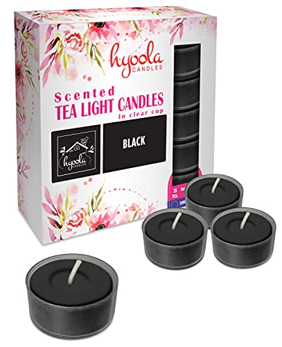 Hyoola Velas de Té Perfumadas – Velas Candelitas en Vaso Transparente – Velas Aromáticas de Color Negro - 6 Horas de Combustión - Pack de 15 – Hechas en Europa