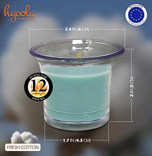 Hyoola Velas Votivas con Perfume - Velas Aromáticas en Vaso Transparente - Velas Perfumadas con Algodón Fresco - Verde Claro - 12 Horas de Combustión - Pack de 4 - Hechas en Europa