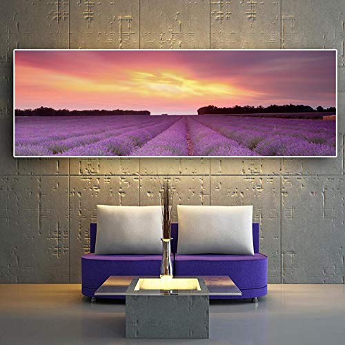 Impresión HD Provenza Lavanda Paisaje Natural Lienzo Pósteres Pintura Escandinava Imagen de Pared nórdica para la Decoración del Dormitorio 50x150cm（20x60in） Sin Marco