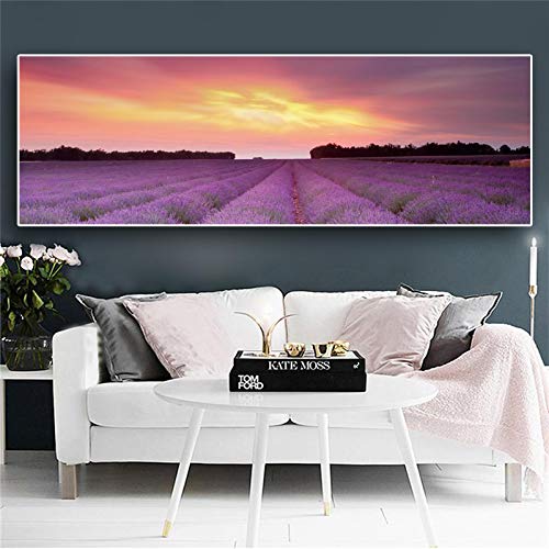 Impresión HD Provenza Lavanda Paisaje Natural Lienzo Pósteres Pintura Escandinava Imagen de Pared nórdica para la Decoración del Dormitorio 50x150cm（20x60in） Sin Marco