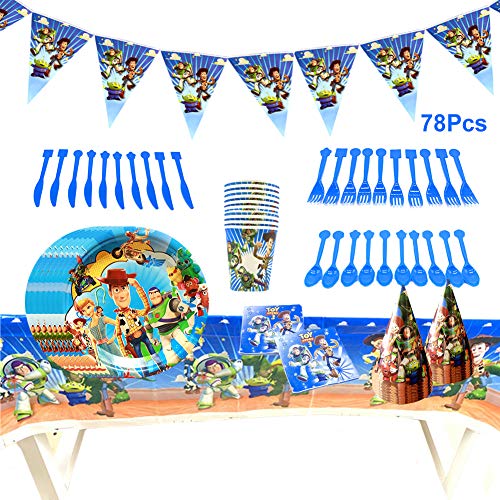 INTVN-Toy Story 4 para Fiestas,Juego de Cubiertos Incluye Pancarta Platos Cubiertos Servilletas Mantel para Fiesta Baby Shower Set de 78 Piezas