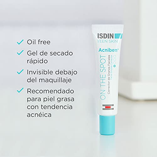 ISDIN ACNIBEN On The Spot, Gel Secante Corrector de Granos Faciales, Disminuye el Enrojecimiento y el Volumen del Grano, con Ácido Salicílico y Niacinamida, Pack de 2 Unidades, 2 x 15 ml