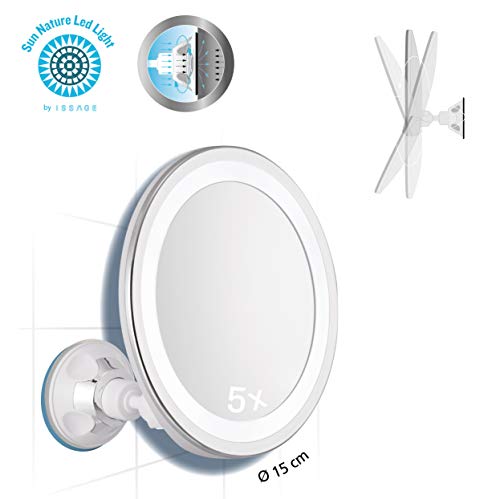 Issage – Duo.MIR.LED.Sun.V Espejo Magnificador Orientable Maquillaje con Luz LED. Espejo X5 de Maquillaje Alta Definición Profesional Espejo Cosmético con Rotación Ajustable 360º