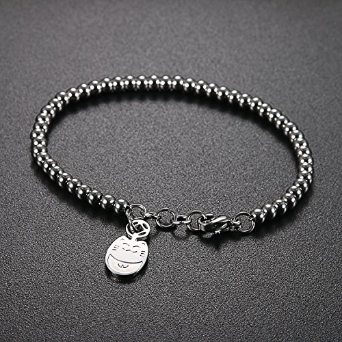 JewelryWe Joyería Pulsera De Suerte para Mujer, Acero Inoxidable Pulido, Bolas Bolitas Estilo Sencillo, Colgante Gato Adorable para la Buena Fortuna, Color Oro Rosa Plata