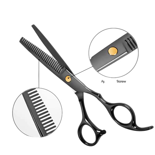 JINSHOW 12 tijeras de peluquería profesional juego de tijeras de adelgazamiento clip de corte peine de acero inoxidable corte bolsa kit salón peluquero mujeres hombres niños negro (12)