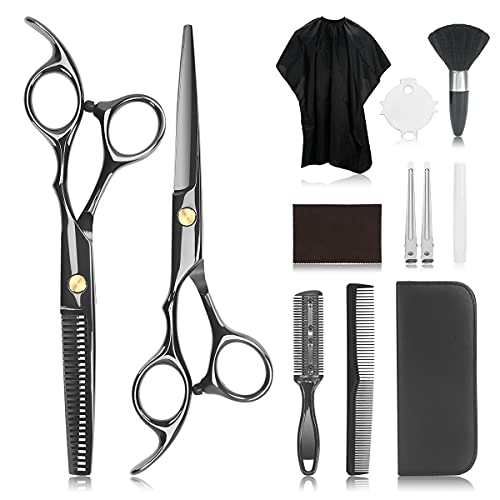 JINSHOW 12 tijeras de peluquería profesional juego de tijeras de adelgazamiento clip de corte peine de acero inoxidable corte bolsa kit salón peluquero mujeres hombres niños negro (12)